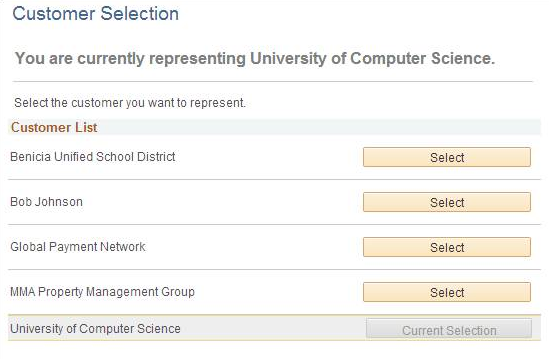 Customer Selection page