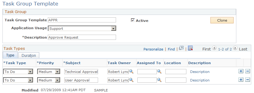 Task Group Template - Type page