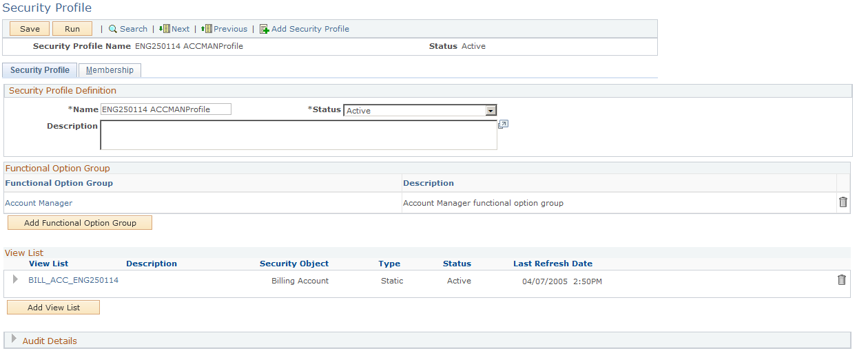 Security Profile page