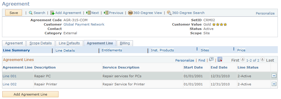 Agreement Line - View Line Summary page