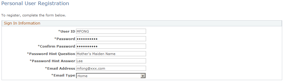 Personal User Registration page (1 of 2)