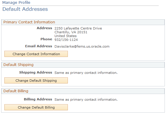 Manage Profile - Default Addresses page