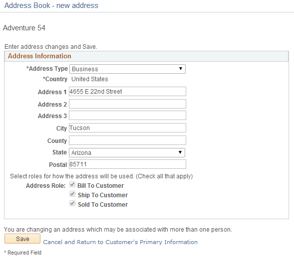 Address Book - Update Address page