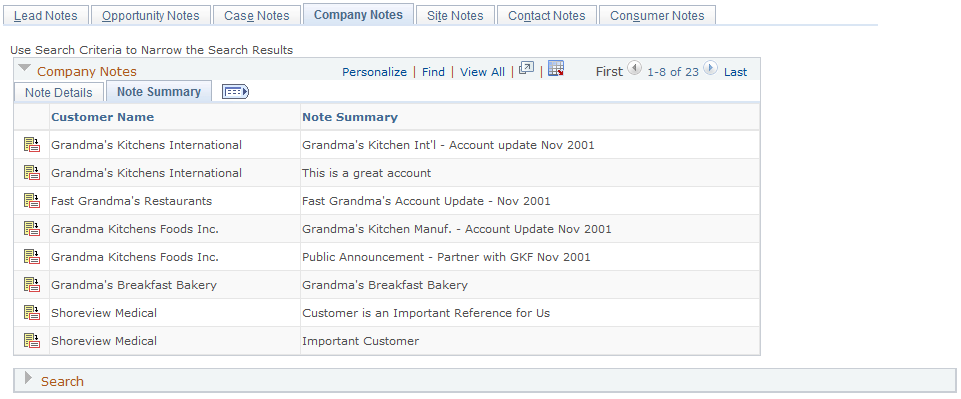 Notes List - Company Notes page: Note Summary tab