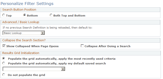 Personalize Filter Settings page (1 of 2)