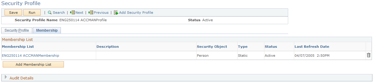 Security Profile - Membership page