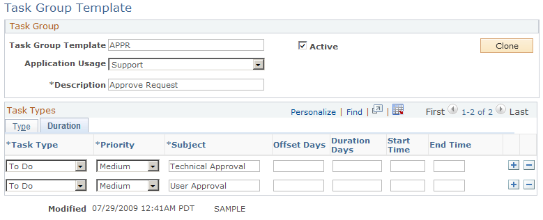 Task Group Template - Duration page