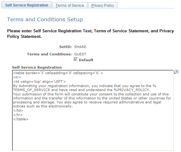 Terms and Conditions - Self Service Registration page