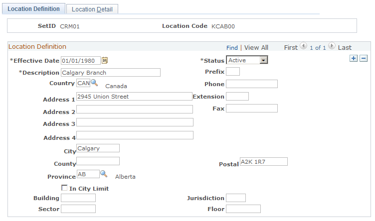 Location Definition page