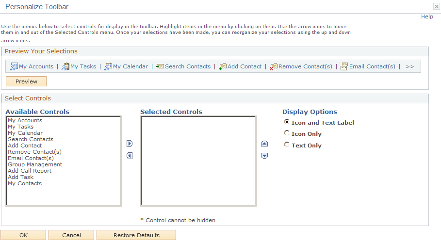 Personalize Column and Sort Order page