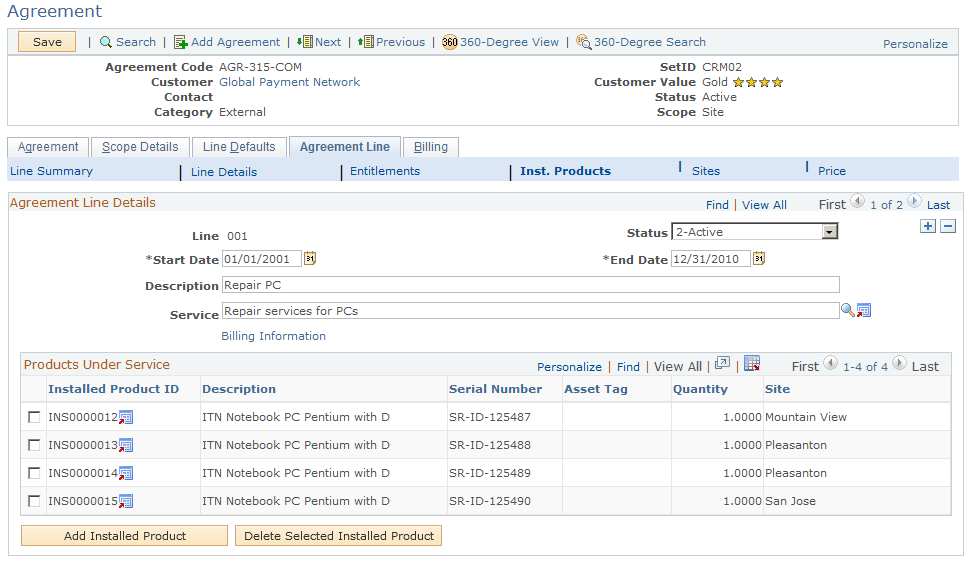 Agreement Line - Installed Products page