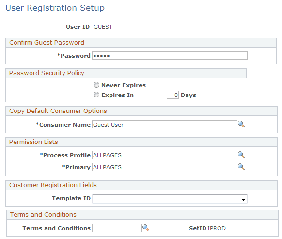 User Registration Setup page (1 of 2)