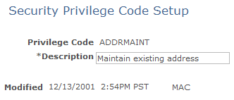 Security Privilege Code Setup page