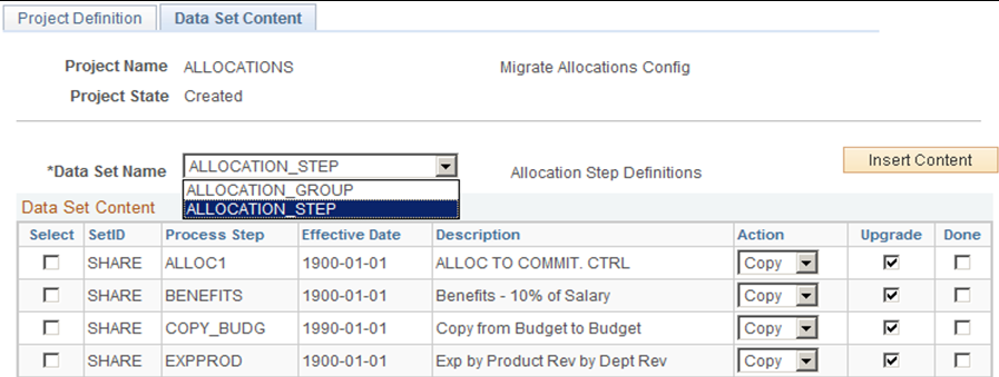 Data Migration Workbench - Data Set Content Page