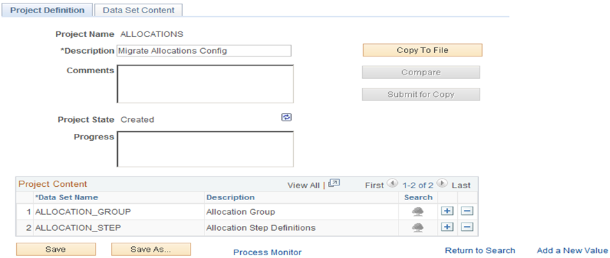 Data Migration Workbench Project Definition Page