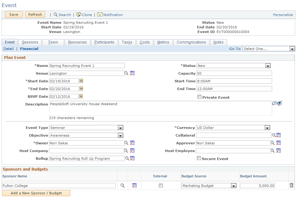 Event - Event page: Financial section (1 of 2)