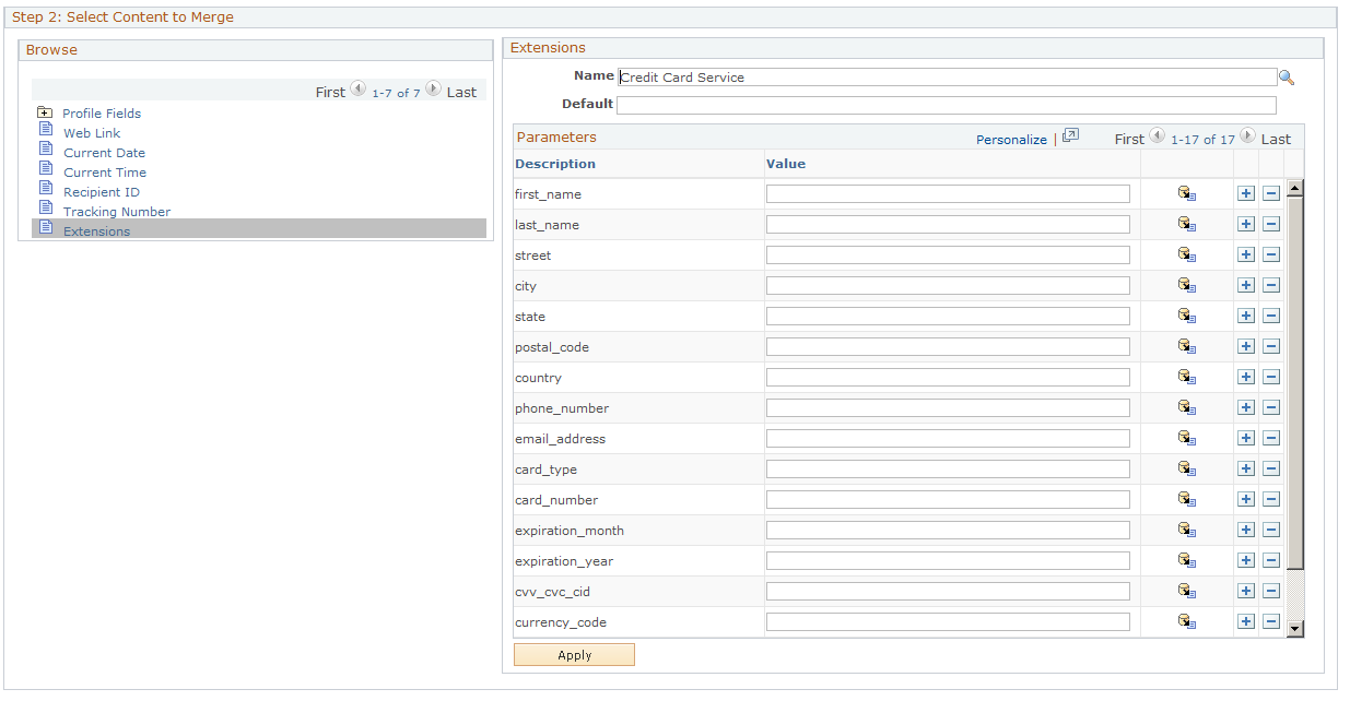 Merge Content page with parameters displayed (2 of 2)