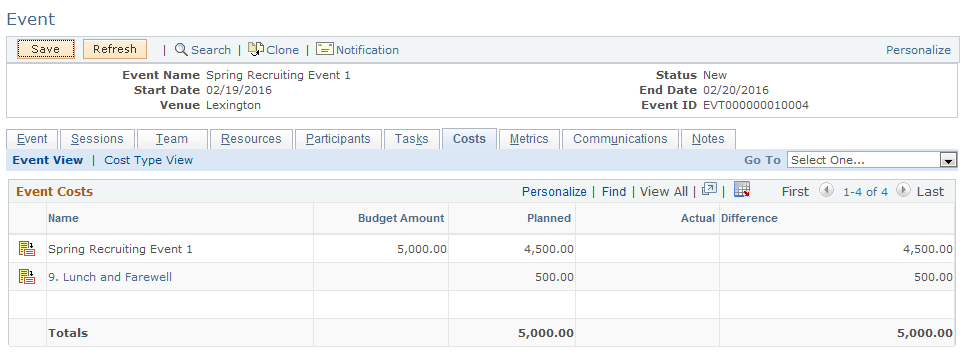 Event - Costs page