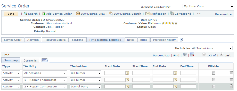 Service Order - Time Material Expense page (1 of 2)