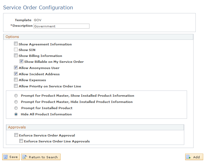 Service Order Configuration page