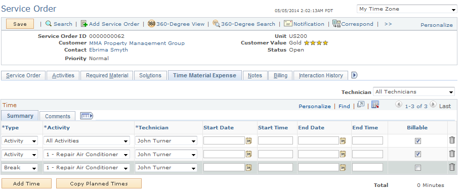 Service Order - Time Material Expense page (1 of 2)