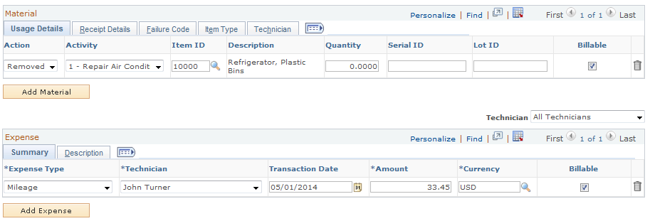 Service Order - Time Material Expense page (2 of 2)