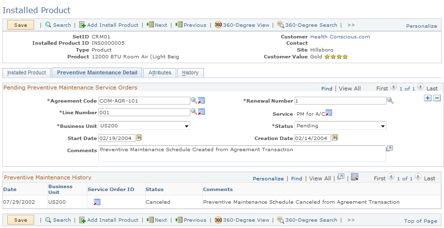 Installed Product - Preventive Maintenance Detail page