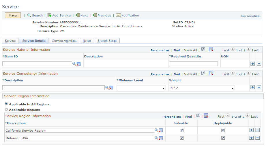 Service - Service Details page (1 of 2)