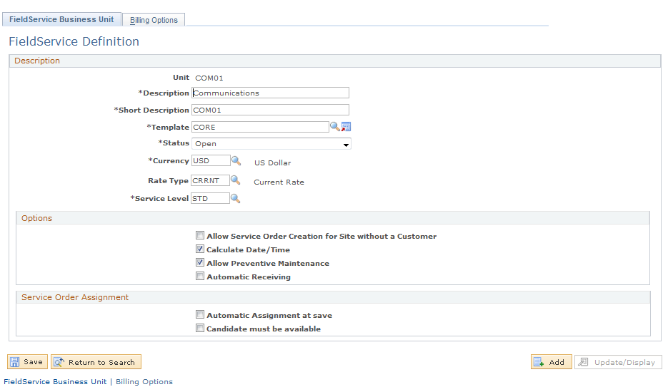 FieldService Definition page