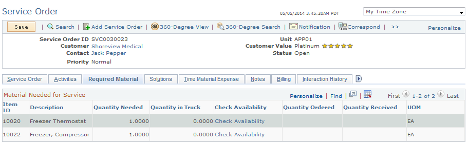 Service Order - Required Material page