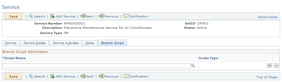 Service - Branch Script page