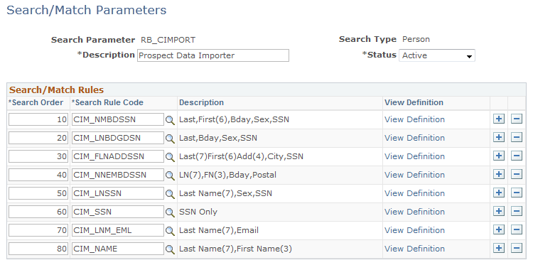 Search/Match Parameters page