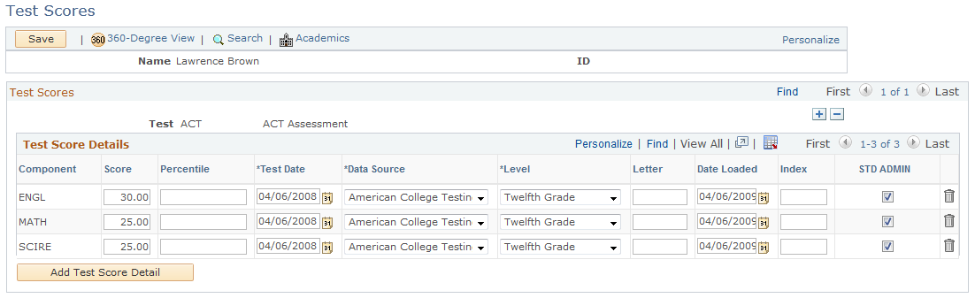 Test Scores page