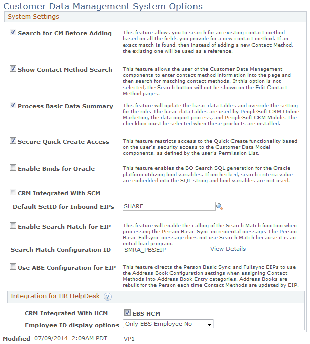 Customer Data Management System Options page