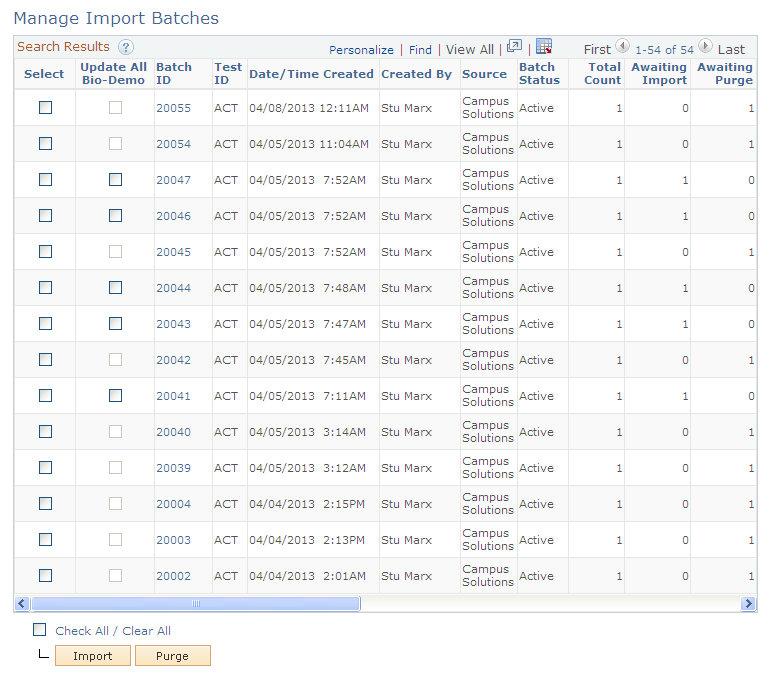 Manage Import Batches page (1 of 2)