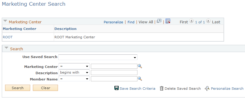 Marketing Center Search page