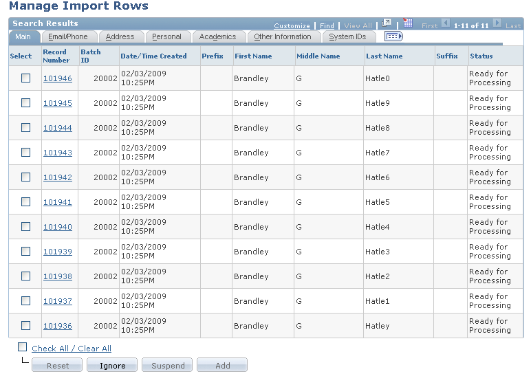 Manage Import Rows page