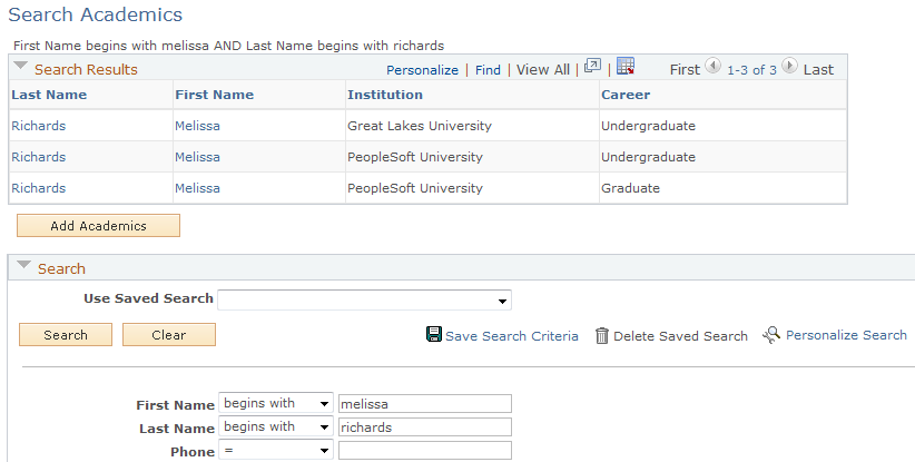 Search Academics page