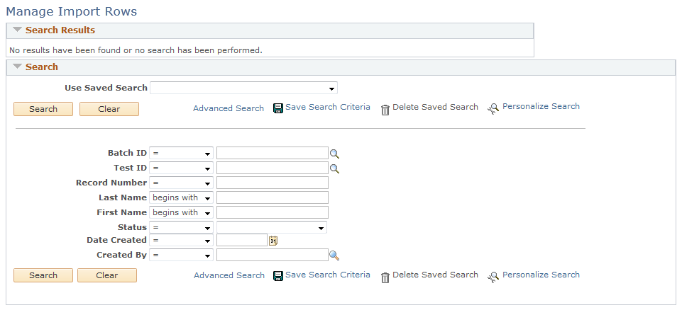 Manage Import Rows search page