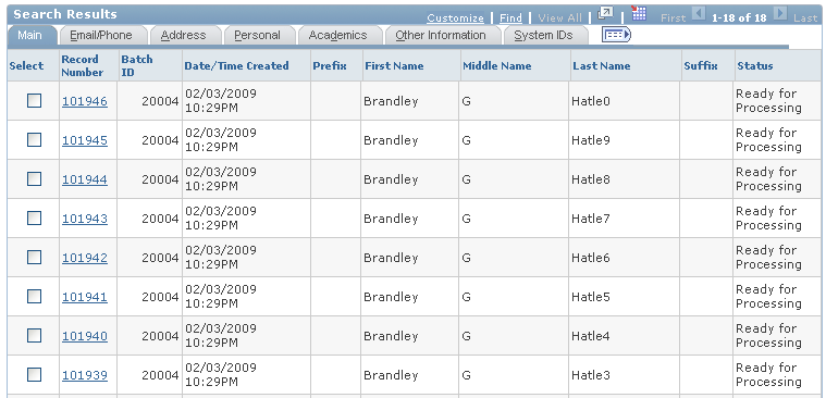 Manage Import Rows search results page