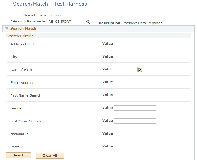 Search/Match Test Harness page (1 of 2)