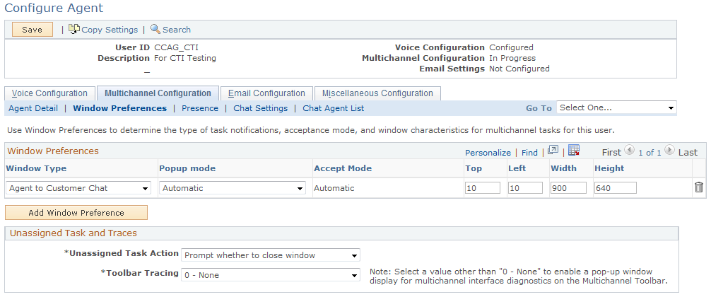 Configure Agent - Multichannel Configuration page: Window Preferences