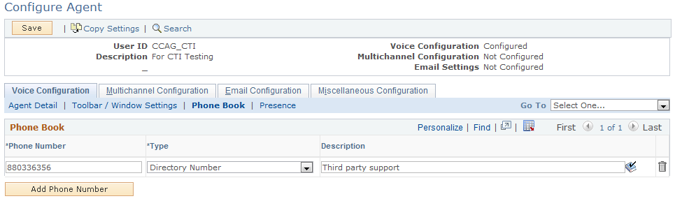 Configure Agent - Voice Configuration page: Phone Book