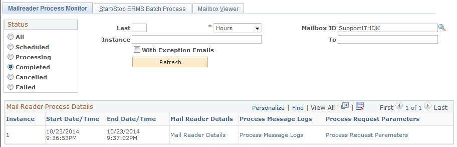 Mailreader Process Monitor page