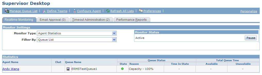 Realtime Monitoring page showing agent statistics by queue list