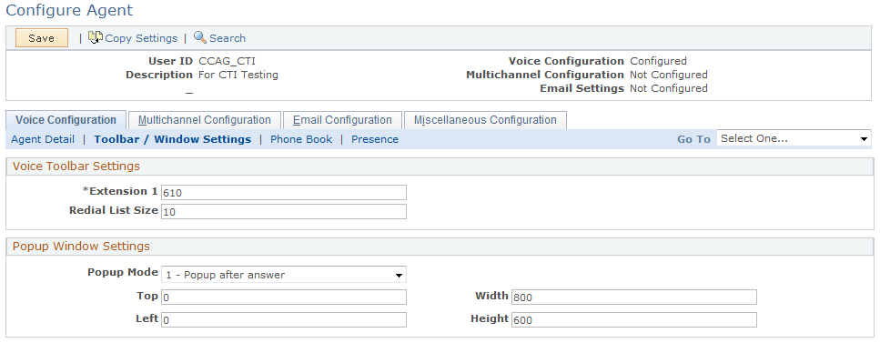 Configure Agent - Voice Configuration page: Toolbar/Window Settings