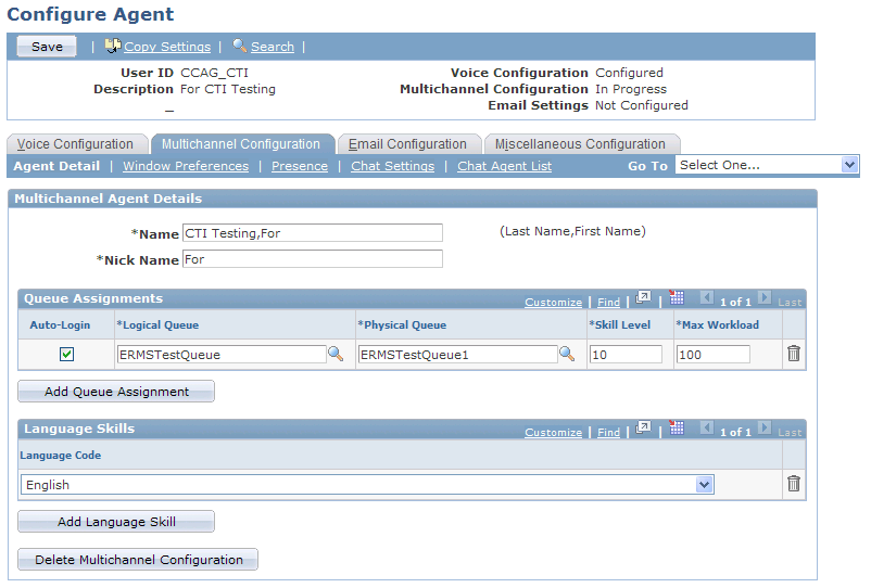 Configure Agent - Multichannel Configuration page: Agent Detail