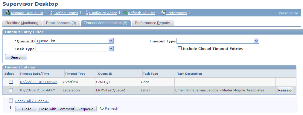 Timeout Administration page