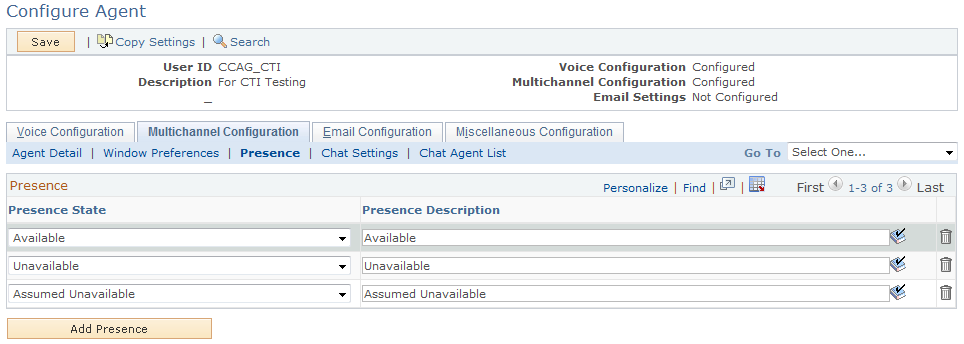 Configure Agent - Multichannel Configuration: Presence page