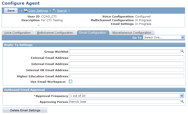 Configure Agent - Email Configuration page